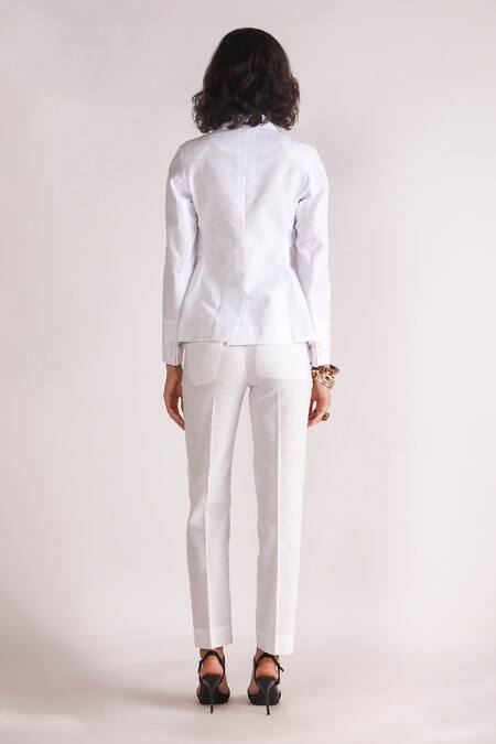 Shop_House Of Three_White Linen Solid Helix Slim Fit Pant  _at_Aza_Fashions