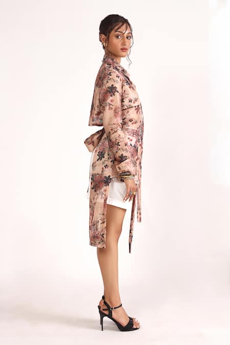 House Of Three_Multi Color Chanderi Collared Avi Floral Print Detachable Panel Trench Coat _Online_at_Aza_Fashions