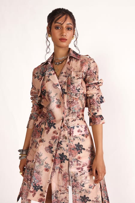 Buy_House Of Three_Multi Color Chanderi Collared Avi Floral Print Detachable Panel Trench Coat _Online_at_Aza_Fashions
