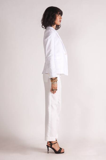 House Of Three_White Linen Notched Lapel Jacket _Online_at_Aza_Fashions