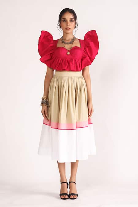 House Of Three_Multi Color Poplin Missy Block Flared Skirt _Online_at_Aza_Fashions
