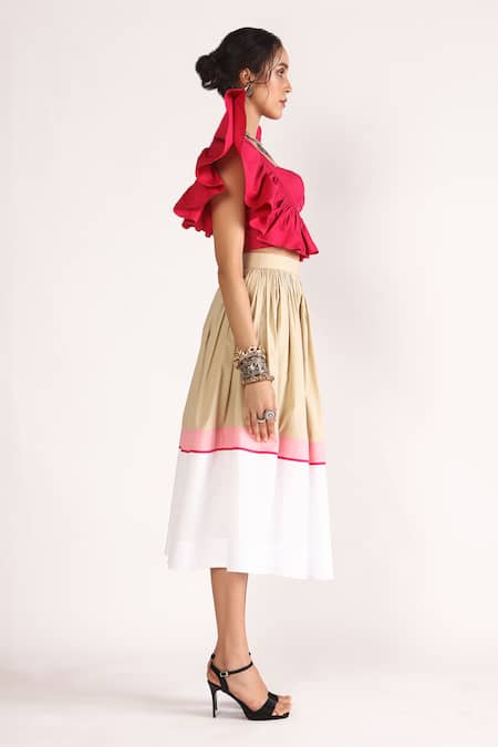 Buy_House Of Three_Multi Color Poplin Missy Block Flared Skirt _Online_at_Aza_Fashions