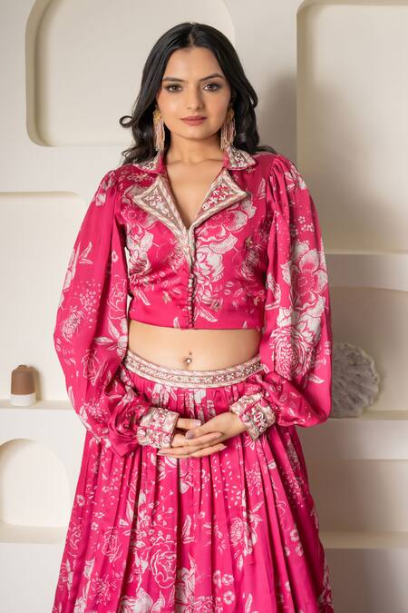 Saangi_Pink Satin, Crepe Embroidery Collared Floral Print Blouse And Lehenga Set_Online_at_Aza_Fashions