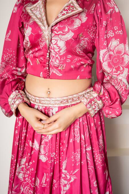 Buy_Saangi_Pink Satin, Crepe Embroidery Collared Floral Print Blouse And Lehenga Set_Online_at_Aza_Fashions