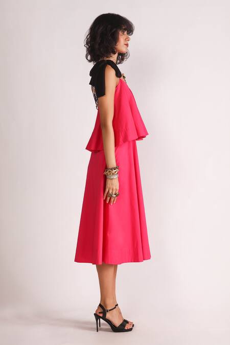 House Of Three Pink Poplin V-neck Sophia Ruffle Layered Dress Online at Aza Fashions House Of Three_Pink Poplin V-neck Sophia Ruffle Layered Dress _Online_at_Aza_Fashions