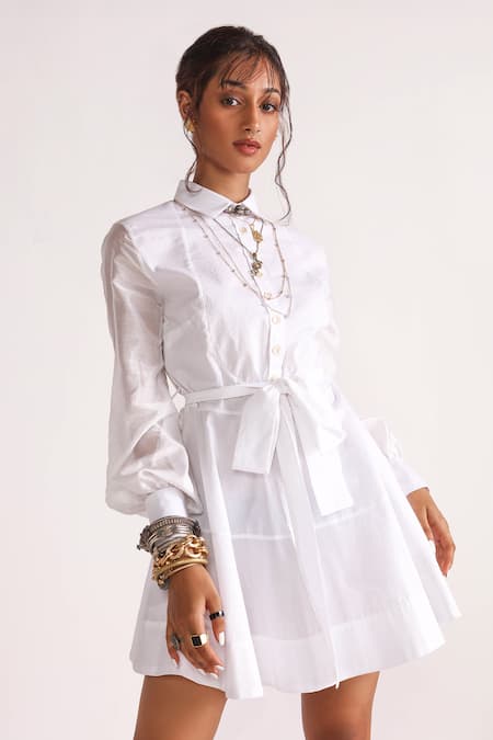 Buy_House Of Three_White Cotton, Poplin Embroidery Collared Ivy Yoke Shirt Dress _Online_at_Aza_Fashions