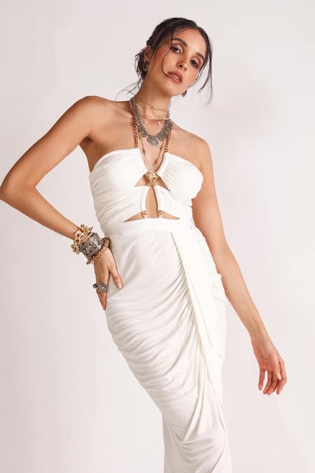 House Of Three_White Viscose, Jersey Halter Neck Titania Chain Draped Dress _Online_at_Aza_Fashions