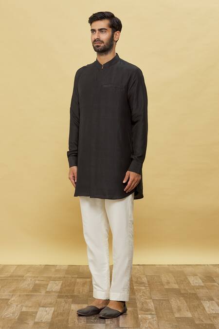 Aqube By Amber_Black Dupion Silk Mandarin Collar Short Kurta_Online_at_Aza_Fashions