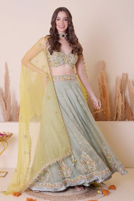 Shop_Surabhi Arya_Green Organza, Tissue Pearls, Placed Zardozi Floral Embroidered Lehenga Set _at_Aza_Fashions