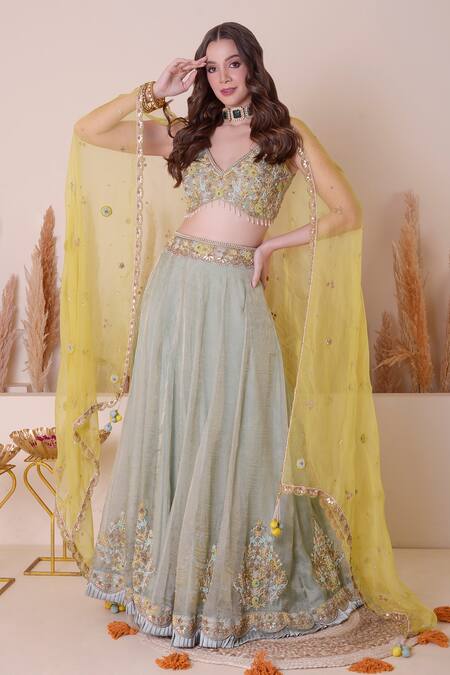 Shop_Surabhi Arya_Green Organza, Tissue Pearls, Placed Zardozi Floral Embroidered Lehenga Set _Online_at_Aza_Fashions