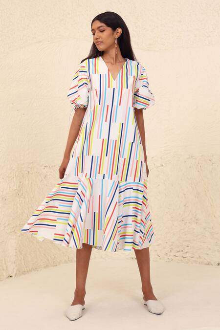 Kanelle Multi Color Cotton, Poplin V-neck Eliana Stripe Print A-line Dress Online at Aza Fashions Kanelle_Multi Color Cotton, Poplin V-neck Eliana Stripe Print A-line Dress_Online_at_Aza_Fashions