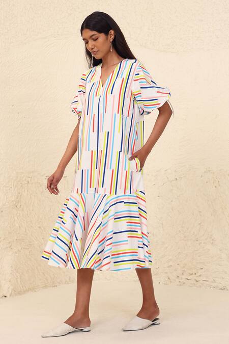 Buy Kanelle Multi Color Cotton, Poplin V-neck Eliana Stripe Print A-line Dress Online at Aza Fashions Buy_Kanelle_Multi Color Cotton, Poplin V-neck Eliana Stripe Print A-line Dress_Online_at_Aza_Fashions