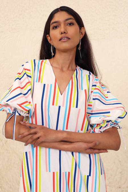 Shop Kanelle Multi Color Cotton, Poplin V-neck Eliana Stripe Print A-line Dress Online at Aza Fashions Shop_Kanelle_Multi Color Cotton, Poplin V-neck Eliana Stripe Print A-line Dress_Online_at_Aza_Fashions