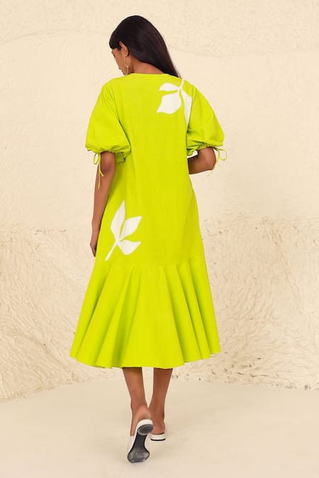 Shop Kanelle Green Cotton, Poplin Embroidery V-neck Eliana Floral Applique Work A-line Dress at Aza Fashions Shop_Kanelle_Green Cotton, Poplin Embroidery V-neck Eliana Floral Applique Work A-line Dress_at_Aza_Fashions