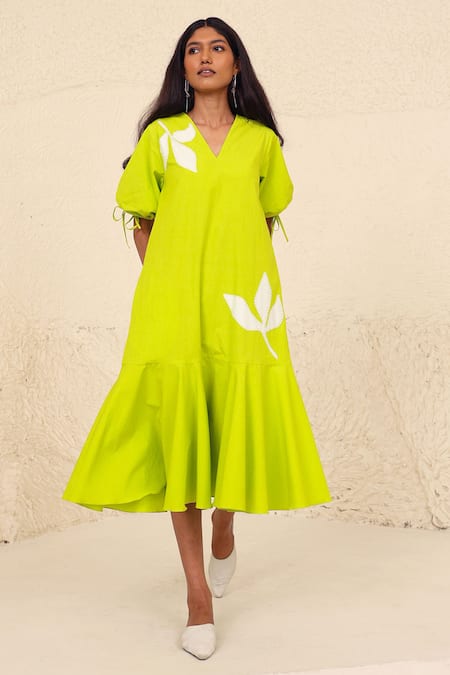 Buy Kanelle Green Cotton, Poplin Embroidery V-neck Eliana Floral Applique Work A-line Dress Online at Aza Fashions Buy_Kanelle_Green Cotton, Poplin Embroidery V-neck Eliana Floral Applique Work A-line Dress_Online_at_Aza_Fashions