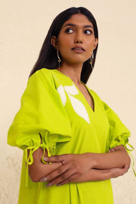 Shop Kanelle Green Cotton, Poplin Embroidery V-neck Eliana Floral Applique Work A-line Dress Online at Aza Fashions Shop_Kanelle_Green Cotton, Poplin Embroidery V-neck Eliana Floral Applique Work A-line Dress_Online_at_Aza_Fashions