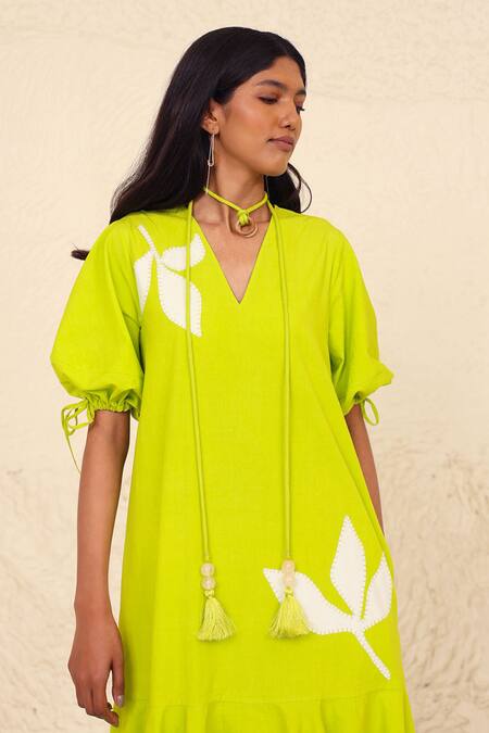 Kanelle Green Cotton, Poplin Embroidery V-neck Eliana Floral Applique Work A-line Dress at Aza Fashions Kanelle_Green Cotton, Poplin Embroidery V-neck Eliana Floral Applique Work A-line Dress_at_Aza_Fashions