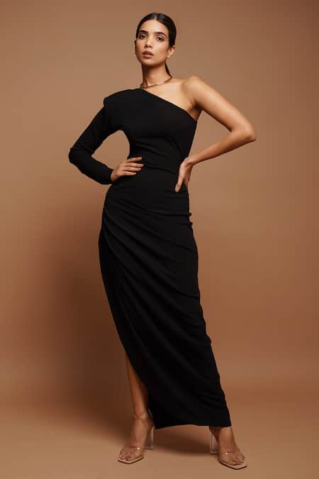 Buy_Ahi Clothing_Black Rayon One Shoulder High Slit Dress 