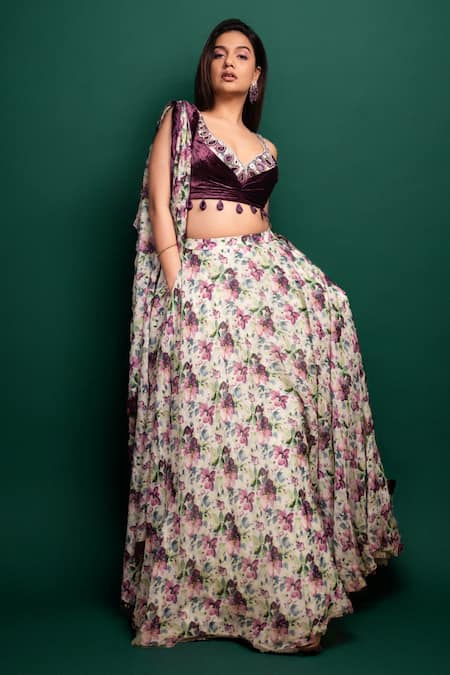 Ahi Clothing Floral Print Lehenga Embroidered Bustier Set 