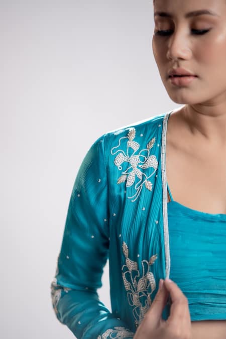 Shop Harshita Jain Blue Satin Chiffon Embroidered And Pearl Floral Jacket Sharara Set Online at Aza Fashions Shop_Harshita Jain_Blue Satin Chiffon Embroidered And Pearl Floral Jacket Sharara Set _Online_at_Aza_Fashions