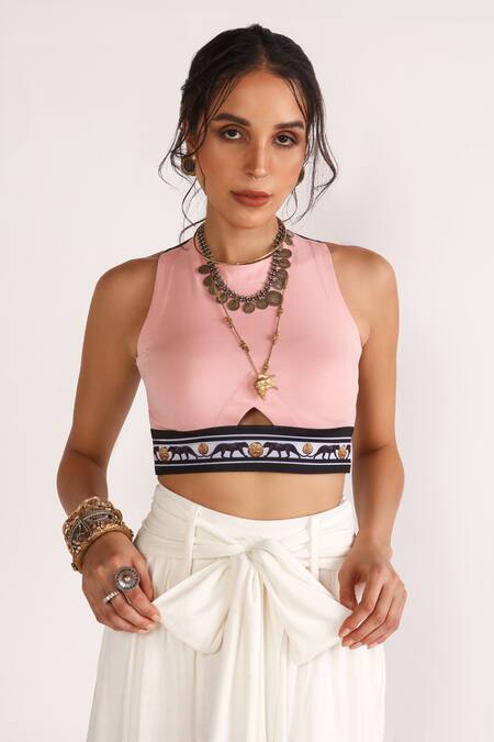 House Of Three_Pink Viscose Crew Neck Juni Cross Back Top _Online_at_Aza_Fashions