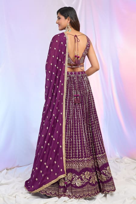 Shop_Aariyana Couture_Wine Net, Chiffon, Georgette Sequins, Embroidery V-neck Hand Lehenga Set _at_Aza_Fashions