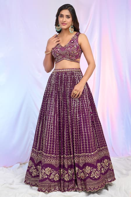 Buy_Aariyana Couture_Wine Net, Chiffon, Georgette Sequins, Embroidery V-neck Hand Lehenga Set 