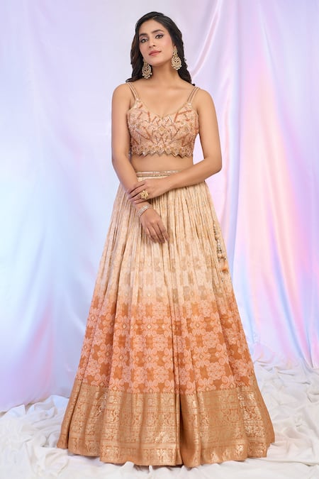 Aariyana Couture Peach Viscose, Georgette Sequins, Beads, Bandhani Pattern Shaded Lehenga Set Online at Aza Fashions Aariyana Couture_Peach Viscose, Georgette Sequins, Beads, Bandhani Pattern Shaded Lehenga Set _Online_at_Aza_Fashions