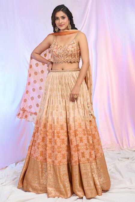 Buy Aariyana Couture Peach Viscose, Georgette Sequins, Beads, Bandhani Pattern Shaded Lehenga Set Buy_Aariyana Couture_Peach Viscose, Georgette Sequins, Beads, Bandhani Pattern Shaded Lehenga Set