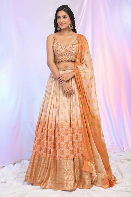 Shop Aariyana Couture Peach Viscose, Georgette Sequins, Beads, Bandhani Pattern Shaded Lehenga Set Shop_Aariyana Couture_Peach Viscose, Georgette Sequins, Beads, Bandhani Pattern Shaded Lehenga Set