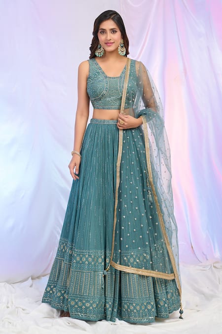 Aariyana Couture Blue Blouse Silk Hand Embroidered Sequins Blunt V Neck Work Pleated Lehenga Set 