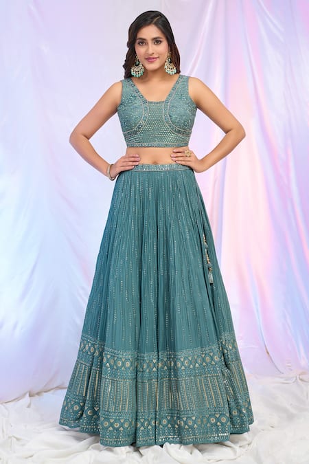 Buy_Aariyana Couture_Blue Silk, Net, Georgette Embroidery, Sequins Hand Work Pleated Lehenga Set _Online_at_Aza_Fashions