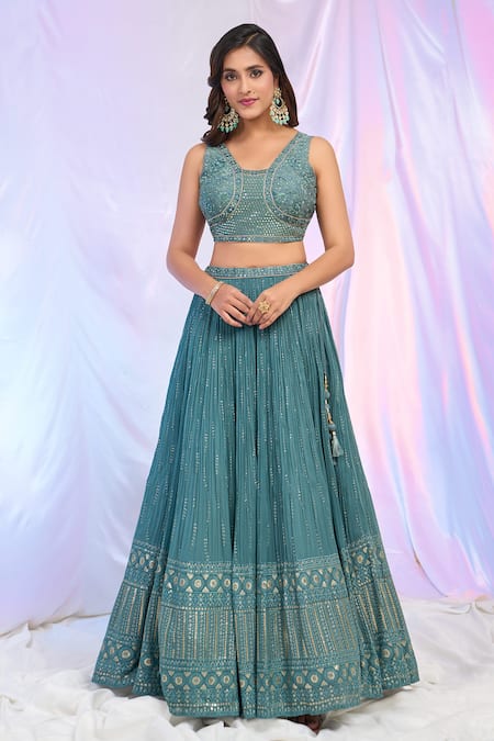 Shop_Aariyana Couture_Blue Silk, Net, Georgette Embroidery, Sequins Hand Work Pleated Lehenga Set _Online_at_Aza_Fashions