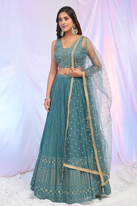 Aariyana Couture_Blue Silk, Net, Georgette Embroidery, Sequins Hand Work Pleated Lehenga Set _at_Aza_Fashions