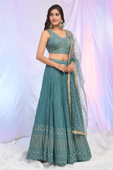 Buy_Aariyana Couture_Blue Silk, Net, Georgette Embroidery, Sequins Hand Work Pleated Lehenga Set 