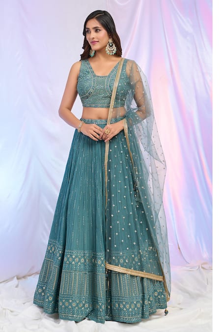 Shop_Aariyana Couture_Blue Silk, Net, Georgette Embroidery, Sequins Hand Work Pleated Lehenga Set 