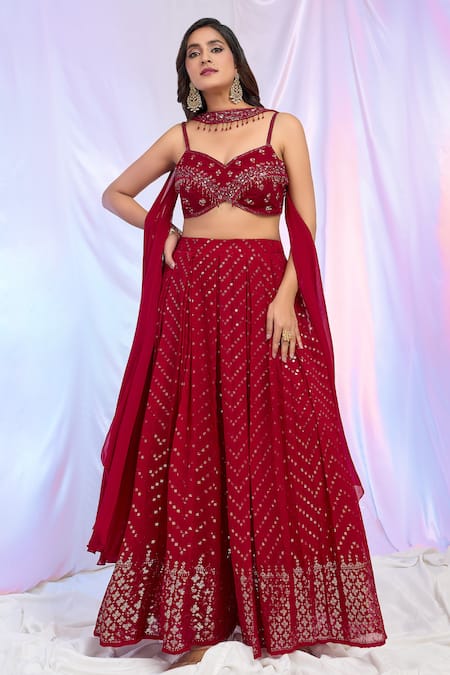 Alaya Advani Red Blouse And Palazzo Faux Georgette Hand Embroidered Sequins Pleated Set 