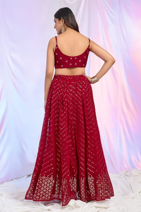Shop Aariyana Couture Red Georgette, Faux Leather Beads, Sequins Embroidered Pleated Palazzo Set at Aza Fashions Shop_Aariyana Couture_Red Georgette, Faux Leather Beads, Sequins Embroidered Pleated Palazzo Set _at_Aza_Fashions