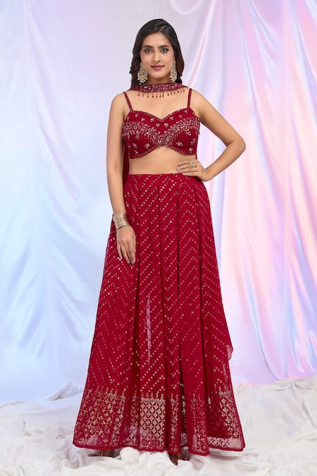 Shop Aariyana Couture Red Georgette, Faux Leather Beads, Sequins Embroidered Pleated Palazzo Set Online at Aza Fashions Shop_Aariyana Couture_Red Georgette, Faux Leather Beads, Sequins Embroidered Pleated Palazzo Set _Online_at_Aza_Fashions