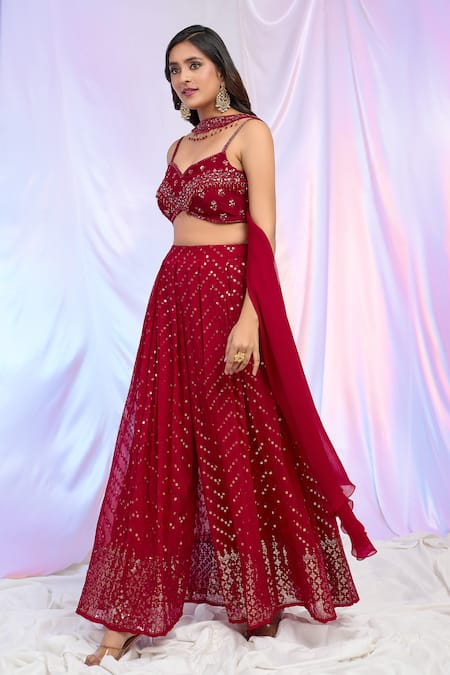 Aariyana Couture Red Georgette, Faux Leather Beads, Sequins Embroidered Pleated Palazzo Set at Aza Fashions Aariyana Couture_Red Georgette, Faux Leather Beads, Sequins Embroidered Pleated Palazzo Set _at_Aza_Fashions