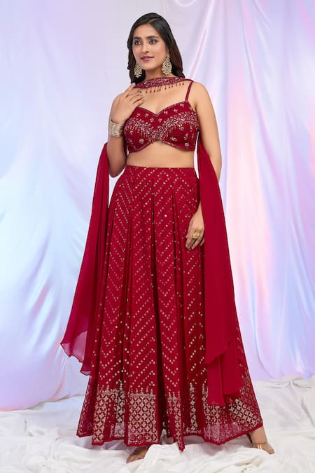Shop Aariyana Couture Red Georgette, Faux Leather Beads, Sequins Embroidered Pleated Palazzo Set Shop_Aariyana Couture_Red Georgette, Faux Leather Beads, Sequins Embroidered Pleated Palazzo Set