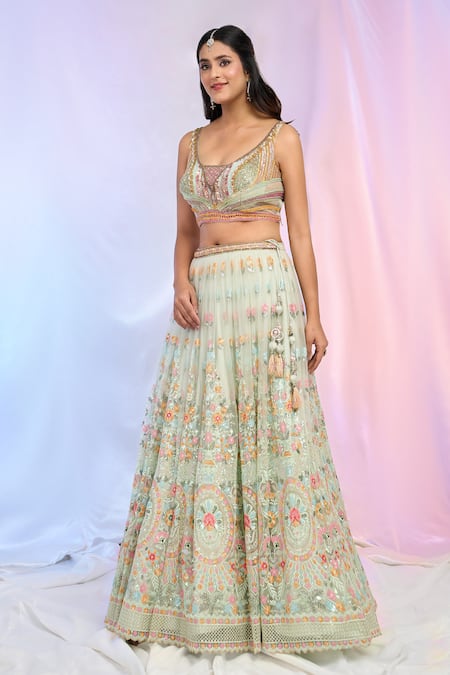 Aariyana Couture_Green Net Embroidery, Sequins Scoop Neck Floral Garden Lehenga Set _Online_at_Aza_Fashions