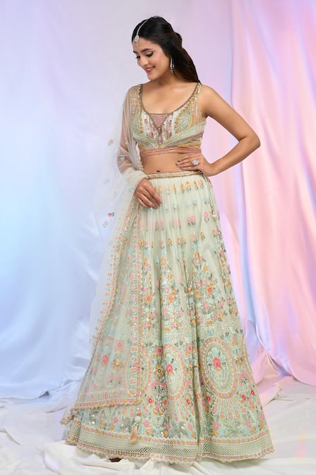 Aariyana Couture_Green Net Embroidery, Sequins Scoop Neck Floral Garden Lehenga Set _at_Aza_Fashions