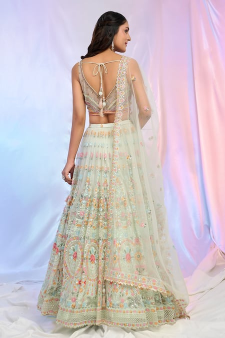 Buy_Aariyana Couture_Green Net Embroidery, Sequins Scoop Neck Floral Garden Lehenga Set 