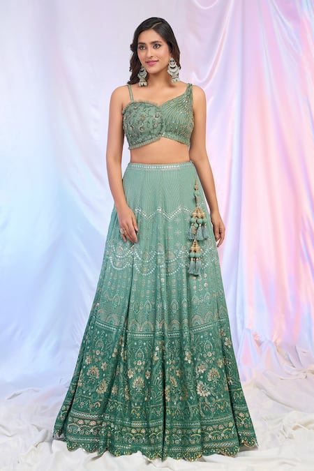 Aariyana Couture_Green Net, Georgette Embroidery, Sequins, Tassels Floral Ombre Kali Lehenga Set _Online_at_Aza_Fashions