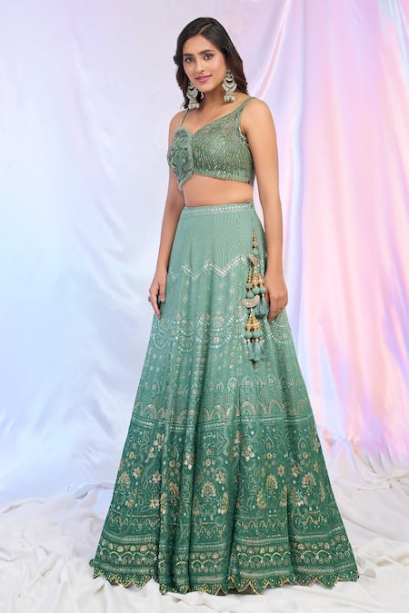 Buy_Aariyana Couture_Green Net, Georgette Embroidery, Sequins, Tassels Floral Ombre Kali Lehenga Set _Online_at_Aza_Fashions