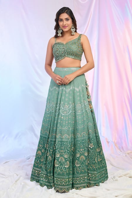 Shop_Aariyana Couture_Green Net, Georgette Embroidery, Sequins, Tassels Floral Ombre Kali Lehenga Set _Online_at_Aza_Fashions