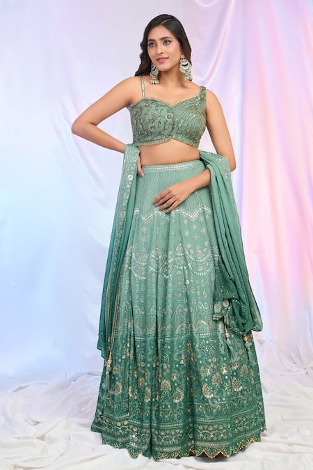 Aariyana Couture_Green Net, Georgette Embroidery, Sequins, Tassels Floral Ombre Kali Lehenga Set _at_Aza_Fashions