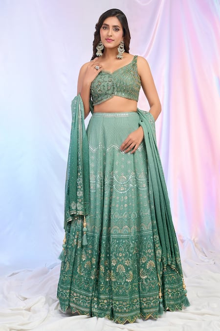 Buy_Aariyana Couture_Green Net, Georgette Embroidery, Sequins, Tassels Floral Ombre Kali Lehenga Set 