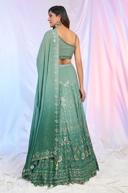 Shop_Aariyana Couture_Green Net, Georgette Embroidery, Sequins, Tassels Floral Ombre Kali Lehenga Set 